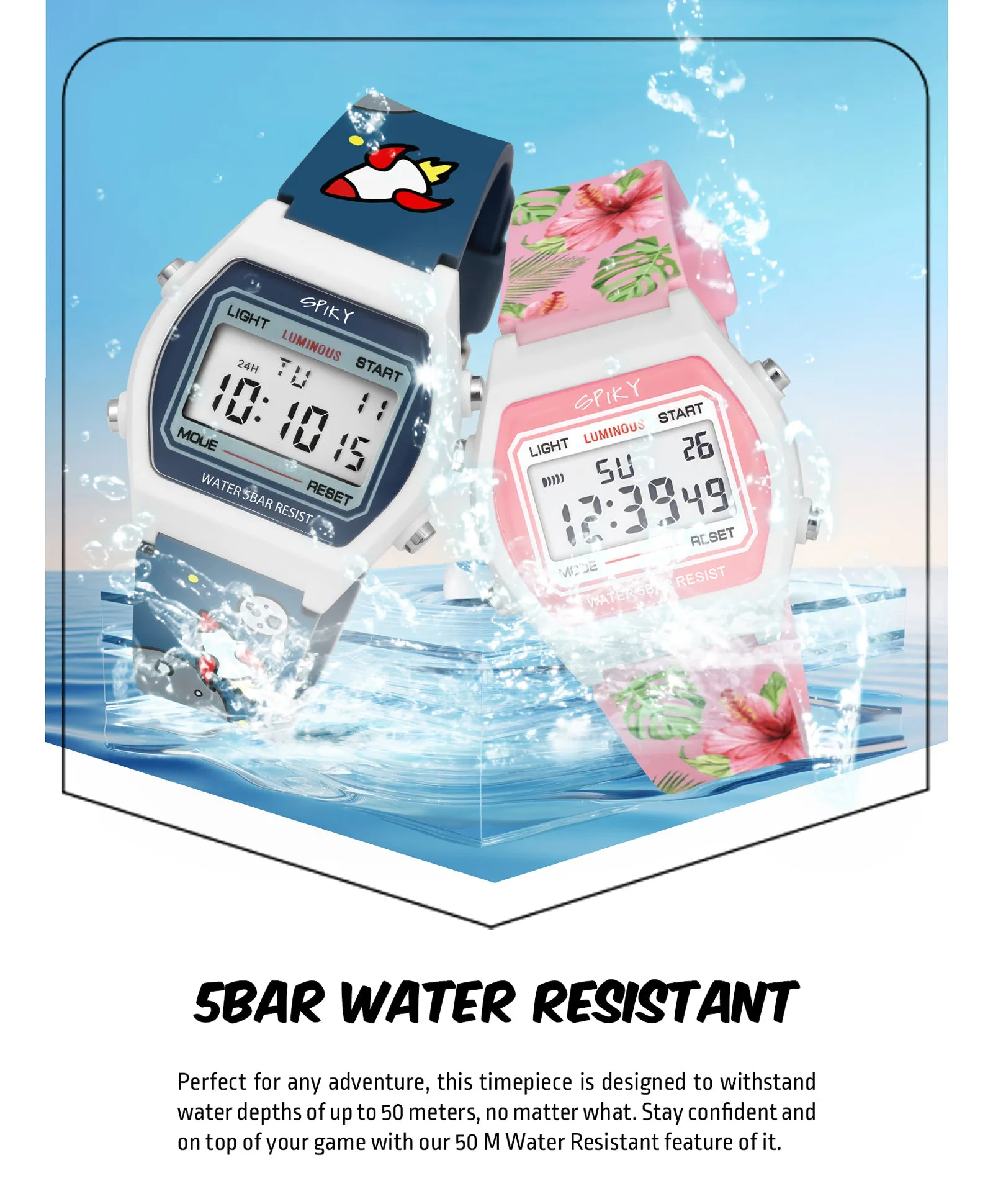 Spiky Unique Printed Square Multi Functional Sports Digital Watch Combo - Blue Pink